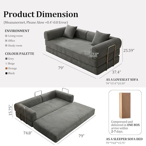 79" Boneless Couch,4-in-1 Futon Sofa Bed Modular Loveseat Sleeper Folding Compressed Couch with Pillows,No Assembly Required Convertible Sofa Bed for Living Room Bedroom Guest Room,Grey - color: Grey, size: 79” Sofa