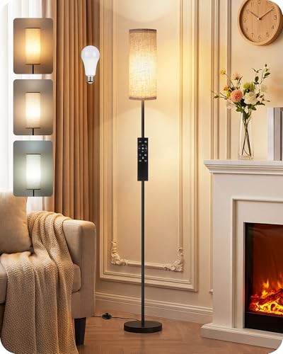 64.4” Slim Floor Lamp for Living Room with Magnetic Remote and Foot Switch, Dimmable Standing Tall Lamp Mood for Bedroom Nursery, 3 Color Temperatures, 1-Hour Timer,900LM Bulb Included,Beige E06LD05W1 - color: Beige