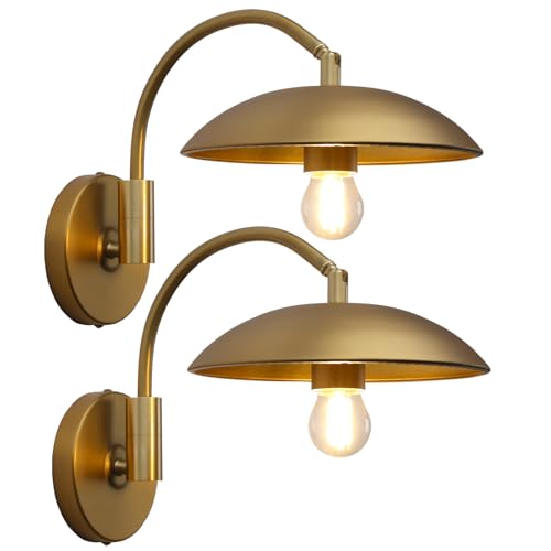 Phansthy Modern Brass Wall Sconce Hardwired 2 Pack, Adjustable Lighting Direction Wall Light, Swing Arm Wall Lamp with 8.5" Metal Half Sphere Shade for Bedside Reading, Farmhouse (Antique Gold) - color: Antique Gold