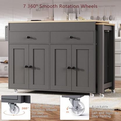 Kitchen Island, Extendable Dining Table with Storage | Extendable dining table, expands from prep station to dining table, seats up to 2 extra guests, saves space when closed - color: Grey