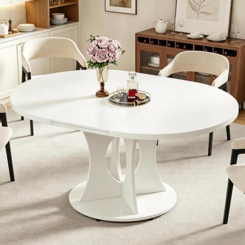 43-59" Expandable Round Dining Table, Kitchen Table with Hidden Storage | Space Saving White Modern Design, Solid Pedestal Base for Dining Room & Small Apartments, Wood Table, Easy Assembly