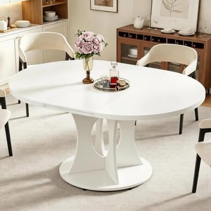 43-59" Expandable Round Dining Table, Kitchen Table with Hidden Storage | Space Saving White Modern Design, Solid Pedestal Base for Dining Room & Small Apartments, Wood Table, Easy Assembly