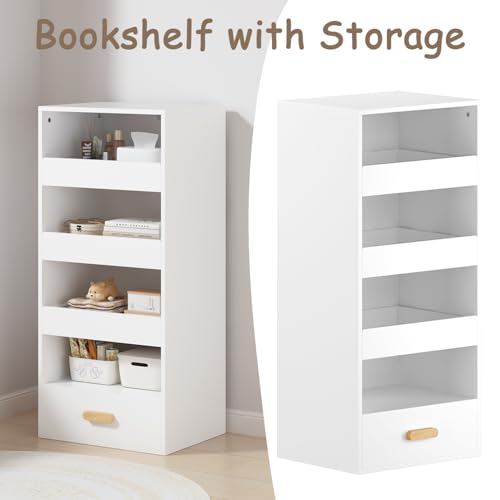 4-Tier Bookshelf with 4 Drawers, Tall Bookcase with 3 Sliding Drawers & Large Bottom Drawer, Engineered Wood Storage Shelf for Home Office, Living Room, Bedroom, Modern White - color: C-white