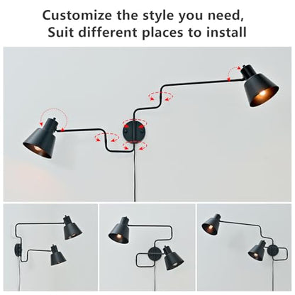 Black Swimg Arm Wall Sconce 2-Light Long Swivel Arms Wall Lamp | Large Plug in Wall Mount Lighting Fixture Adjustable Industrial Wall Light for Living Room Bedroom - color: Black-C 2-Lights