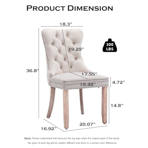 Velvet Upholstered Dining Chairs Set of 2, Modern Style Kitchen Side Chairs with Nailhead Trim and Wood Legs,Metal Pulling Ring for Dining Room Living Room(Beige,Set of 2) - color: Beige, size: Set of 2