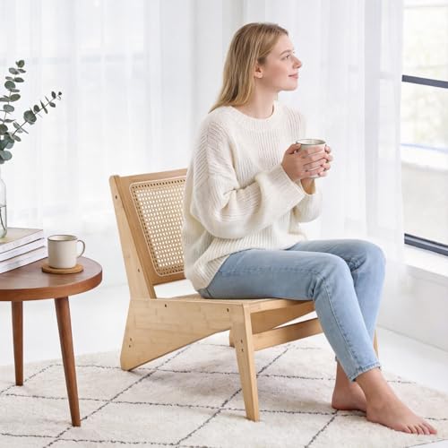 MBOOYOME Mid Century Modern Accent Chair, Compact Low-Profile Lounge Chair | Solid Wood Armchair with Woven Rattan Cane Seat and Back for Small Spaces, Bedroom, Reading Nook and Living Room, Wood - color: Wood