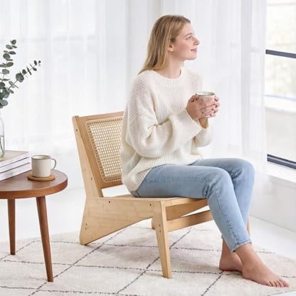 MBOOYOME Mid Century Modern Accent Chair, Compact Low-Profile Lounge Chair | Solid Wood Armchair with Woven Rattan Cane Seat and Back for Small Spaces, Bedroom, Reading Nook and Living Room, Wood - color: Wood