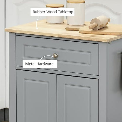 HOMCOM Rolling Kitchen Island Cart, Drawer & Adjustable Shelf, Grey | Portable Serving Trolley Table, 2 Towel Racks - color: Grey