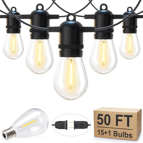 Brightown Outdoor String Lights, 50FT 15 Bulbs Shatterproof Patio Lights | IP65 Waterproof Dimmable Hanging Connectable LED Outdoor Lights for Backyard, Bistro, Porch, Deck, Balcony - color: Black, size: 50FT - 15 Bulbs (Pack of 1)