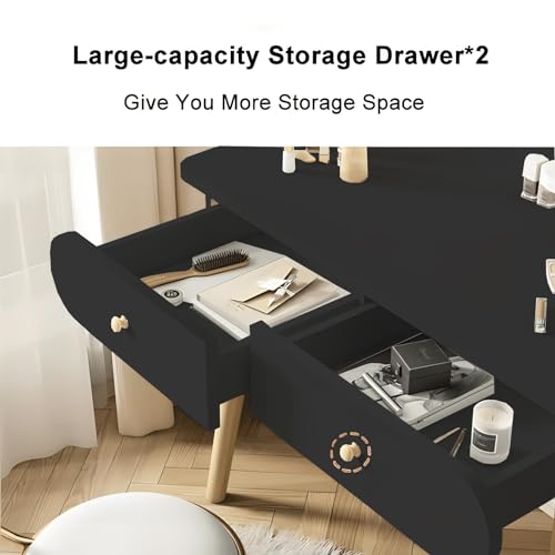 Makeup Vanity Table Set with Mirror, Medium Density Fiberboard Modern Makeup Vanity Dressing Desk with 2 Drawers and 2 Shelves, 31.5"(L)*15.7"(W)*47.2"(H), White (Without Stool) (Black) - color: Black