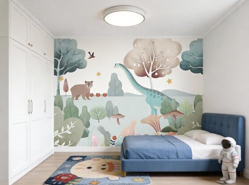 ASJ Dinosaur Peel and Stick Wallpaper Mural, Nursery Woodland Mint Green | Seamless edge-to-edge match. Bear mushroom nature artwork, 139x94 in, premium fabric, boys girls room playroom. - color: mint green, size: 139" x 94"
