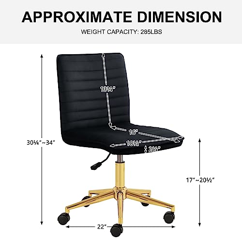 Furnimart Black Swivel Armless Desk Chair with Wheels, Small Velvet Upholstered Home Office Chair Mid-Back Adjustable Chair for Bedroom Dorm Living Room (Velvet-Black) - color: Velvet-black
