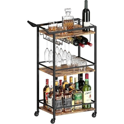 LOTEYIKE 3 Tier Bar Cart, Mini Liquor Utility Cart for Wine Beverage Dinner Party, Rolling Wine Coffee Drink Serving Cart with Lockable Wheels for Home Kitchen Bars (Rustic Brown) | Rolling Wine Coffee Drink Serving Cart with Lockable Wheels for Home Kitc