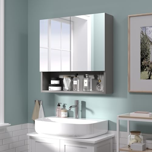 Bathroom Cabinet with Mirror, Wall Cabinet with 2 Mirrored Doors, Adjustable Shelf, Open Compartment, Wall-Mounted, 24x24 Inches, Grey(Assembly Required) - color: Grey, size: W24 x H24 - 2 Door
