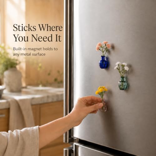 Magnetic Mini Vase Set – Strong‑Magnet Bud Vases for Fridge & Whiteboard – Premium Ceramic & Glass Combo for Fresh or Dried Flowers – Ideal Decorative Gift for Kitchen & Office (Crystal Glass) - color: Crystal Glass