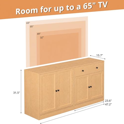 TUSY 71" TV Stand Storage Set - 2 Tall Bookcases & 2 Side Cabinets, Media Console with Glass & Wood Doors, Entertainment Center with Drawers, Tall Media Console for Living Room (Wood, AFFA) - color: Wood