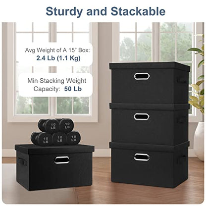 Graciadeco Medium 15" 21 Quart Collapsible Stackable Storage Bins with Lids, 5 Packs Black Foldable Fabric Closet Storage Boxes with Lids, Lidded Heavy-duty Linen Baskets(15x11x8) | 21 Quart 5 Pack Black Collapsible Stackable Linen Fabric 4 Handles Bedroo