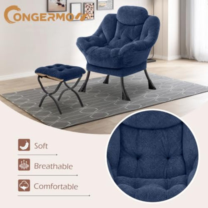 Lazy Chair with Folding Ottoman,Leisure Sofa Chair,Soft Fabric Armchair with Armrests and Side Pockets, Reading Chair with Footrest for Living Room, Bedroom, Office (Plush Navy) - color: Plush Navy