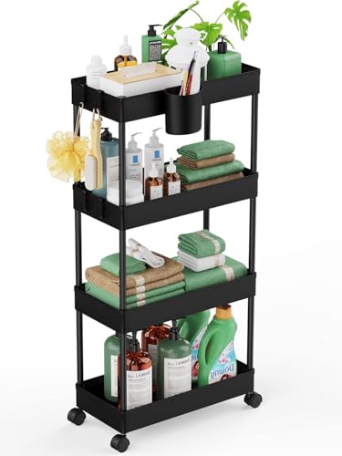 LEHOM Slim Rolling Storage Cart - 4 Tiers Bathroom Organizer Utility Cart | Slide Out Storage Shelves Mobile Shelving Unit for Kitchen, Bedroom, Office, Laundry Room, Small Narrow Spaces (7.1" W+Black) - color: Black