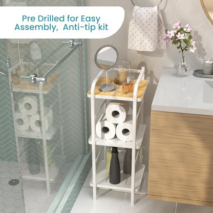 Home Zone Living Tall White Bookshelf with 3-Tier Open Display Shelves | Wide Steel Frame Design with Bamboo Accent Top Shelf - color: 3-tier Slim