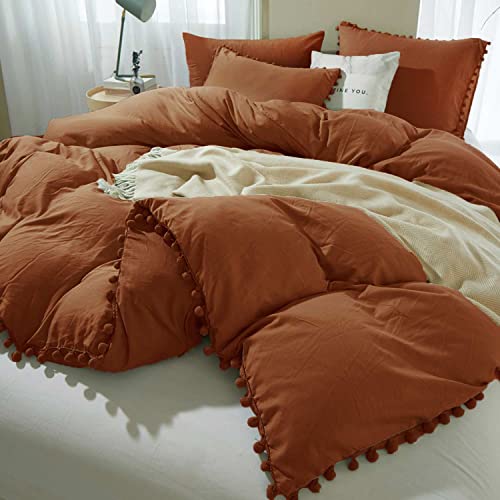 ETDIFFE Burnt Orange Boho Duvet Cover Set Queen Size, 3 Piece, 90x90 Inch | Bohemian Terracotta Pompom Microfiber Bed Comforter Cover Set, Farmhouse Soft & Lightweight Bedding Quilt Cover - color: Burnt Orange, size: Queen (No Comforter)
