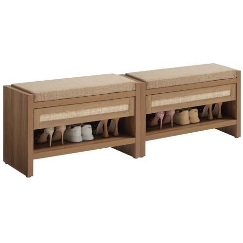 SICOTAS Rattan Shoe Bench Entryway Bench with Storage Drawer, Linen Cushion | Farmhouse Boho Shoe Rack with Shelf, Wooden Storage Bench for Entryway Hallway and Bedroom, Caramel Oak, 2PCS - color: Reclaimed Caramel Oak, size: 2 Pieces