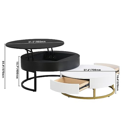 Modern Round Lift-top Nesting Coffee Tables with 2 Drawers for Living Room White & Black - color: White+black