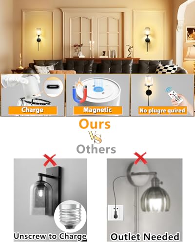 Adetu 23 inch Crystal Battery Operated Wall Sconce Set of 2 | Black Rechargeable Wall Sconce with 10000mAh Magnetic Bulbs, RGB Dimmable Wireless Wall Lamp for Bedroom Living Room - color: Black, size: 23 Inch
