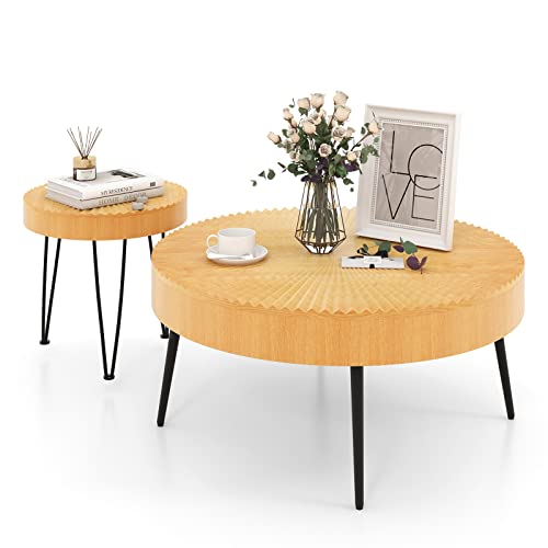Giantex Boho Round Coffee Table Set of 2, Sofa Side Nesting Table with Solid Pine Wood Top, Metal Legs & Adjustable Foot Pads, 31.5" D Large Table Set for Living Room (Radial Pattern, Natural) - color: Natural, style: Radial Pattern