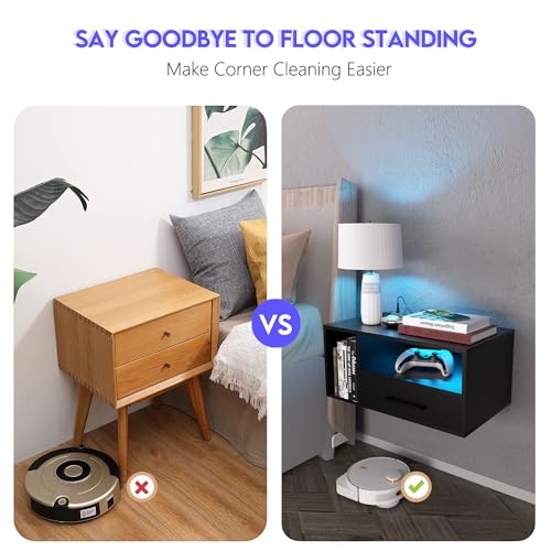 Floating Nightstand with Charging Station & Lights, Black | Floating Bedside Table with Drawers Wall Mounted Nightstands,for Bedroom Room, 21.3" x 11.8" x 10" - color: Black