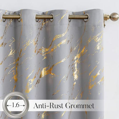 WUBODTI Grey Marble 100% Blackout Curtains Grommet Bedroom 54 inch 2 Panels | Gold and grey,metallic pattern,modern abstract,thermal insulated, room darkening,privacy,kitchen,bathroom,small window,short - color: Grey and Gold, size: 52"W x 54"L (Pack of 2
