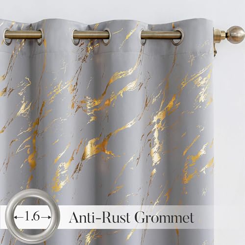 WUBODTI Grey Marble 100% Blackout Curtains Grommet Bedroom 54 inch 2 Panels | Gold and grey,metallic pattern,modern abstract,thermal insulated, room darkening,privacy,kitchen,bathroom,small window,short - color: Grey and Gold, size: 52"W x 54"L (Pack of 2