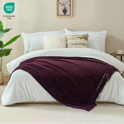 Chenille Throw Blanket for Couch - Soft Knit Blankets 60"X80" | Cozy Warm Lightweight Boho Decorative Knitted Blankets with Tassels for Bed and Sofa,Aubergine - color: Aubergine, size: 60"x80"