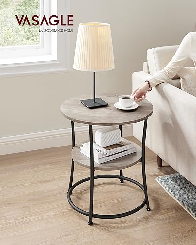 VASAGLE 21.7-Inch Round Side Table, 2-Tier End Table | Nightstand with Steel Frame, Spacious Top, for Small Spaces, Living Room, Bedroom, Heather Greige and Ink Black ULET56BG - color: Heather Greige + Ink Black, style: Without Power Strip