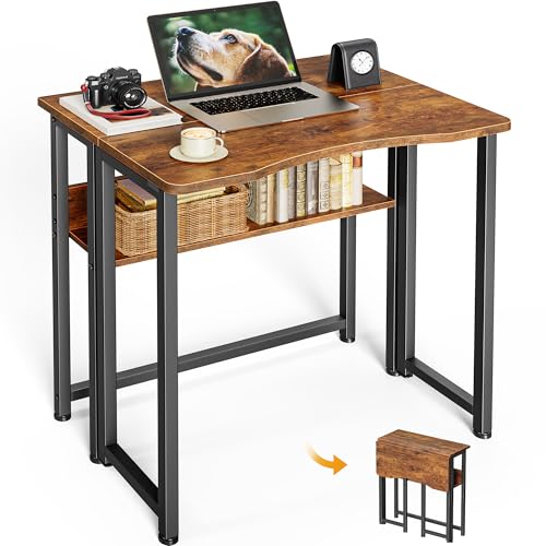 Huuger Folding Desk with Storage Shelf, 23.6 Inch Foldable Computer Table | Writing Work Office Computer Desk for Small Spaces, Space Saving Sofa Table for Couch, Easy to Fold, Rustic Brown - color: Rustic Brown, size: 18.5"D x 23.6"W
