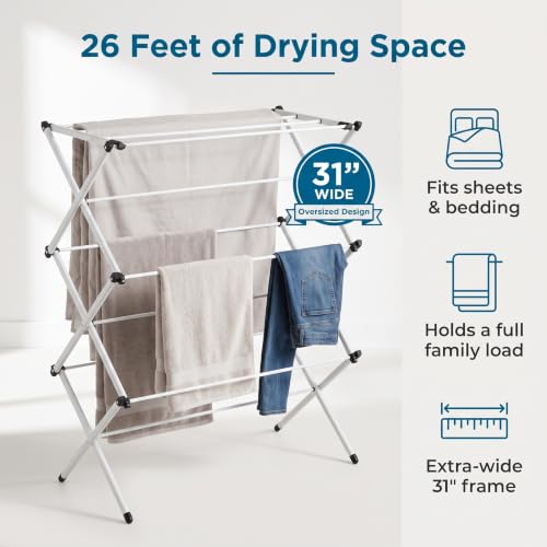 Honey-Can-Do 3-Tier Oversized Clothes Drying Rack, 31" Wide, No Assembly | Oversized 31" x 42" rack with 26 ft of drying space for bedding and large loads. Sturdy metal frame folds flat fast. - color: White, size: 31" W