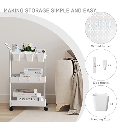 Storage Cart on Wheels, 3 Tier Slim Laundry with Wheels Bathroom Organizer with Hanging Cups Hooks Dividers Handle Mobile Rolling Art Cart for Bathroom Kitchen Narrow Places, White - style: 3 Tier White