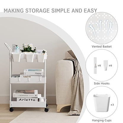 Storage Cart on Wheels, 3 Tier Slim Laundry with Wheels Bathroom Organizer with Hanging Cups Hooks Dividers Handle Mobile Rolling Art Cart for Bathroom Kitchen Narrow Places, White - style: 3 Tier White