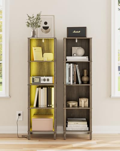 Book Shelf with LED Lights, Modern 4-Tier Bookcase, Open Storage Bookshelf, 11 × 14.2 × 50.4 Inches, Small Narrow Bookshelves for Living Room, Home Office, Bedroom, Gray - color: Grey