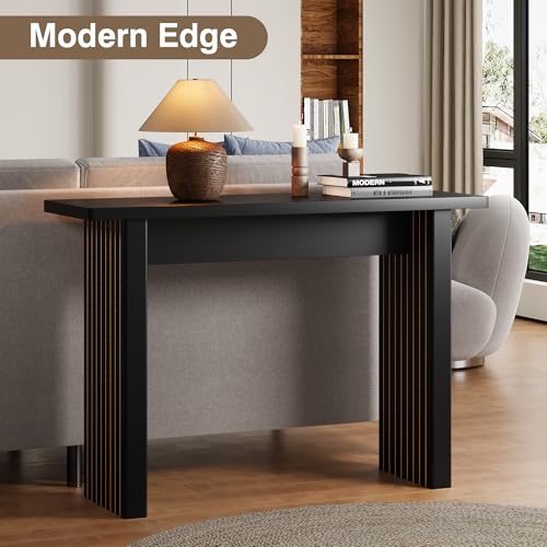 Mid Century Narrow Entryway Console Table, 43.3" Fluted Wood Couch Table Behind Sofa Long and Skinny for Living Room Hallway Entrance Foyer, Black - color: Black