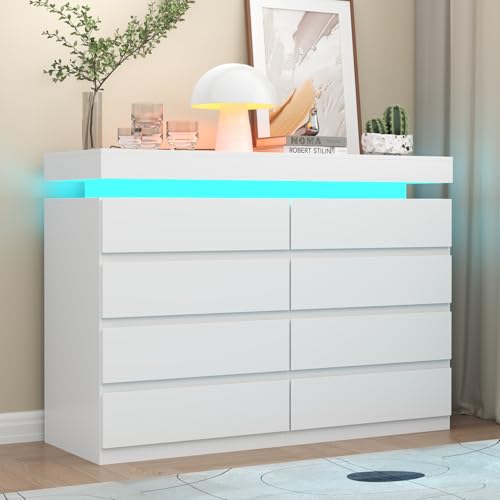 Gyfimoie 8 Drawer Dresser with Power Outlet, Modern Dresser with LED Light | Modern Chest of Drawers for Closet, Wide Drawer Organizer Cabinet for Bedroom,Living Room - color: White, size: 15.3"D x 47.2"W x 40.2"H (8 Drawers)