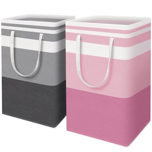 HomeHacks 2 Pack Laundry Baskets, Laundry Hampers Bags (Grey+Pink 88L) | Waterproof, Freestanding, Collapsible Clothes Hamper with Reinforced Handles in Laundry Room, Dorm, Bathroom, Bedroom - color: Grey+Pink, size: 88L