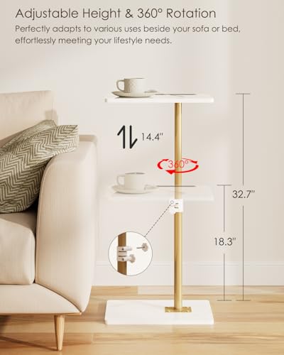 Masupu Sofa Arm Tray Table - 360° Swivel Height Adjustable End Table, Small Snack Side Table for Couch, C Shaped Table for Bed, Chair or TV Tray Table(Marble White and Gold) - color: Marble White