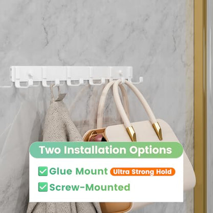 16" Heavy Duty Wall Mount Coat Rack with 6 Hooks, 2-Pack (White) | Strong Glue or Screw Mount，coat hanger for hanging Coats, Hats, Jackets & Bags in Entryway, Bedroom, Bathroom or Closet - color: White - 2 Pack
