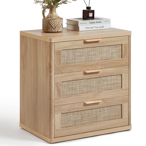 LEYAOYAO Rattan 23" Nightstands with Drawers for Bedroom | Gold Metal Handle, Storage Shelf, Oak Night Stand, Boho Bedside Table, Bed Side End Tables Living Room, Hallway - color: Natural Wood, size: 3 Drawers