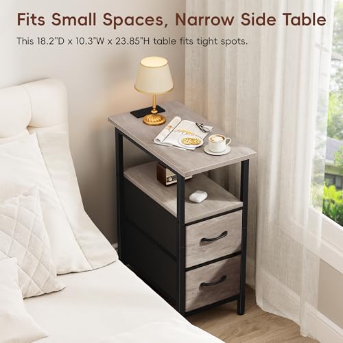 Set of 2 Nightstand with Charging Station and LED Lights, Narrow Side Table, LED Night Stand with 2 Fabric Drawers, Bedside Table Small End Table, Tall Nightstand for Bedroom, Rustic Grey - color: Greige, size: 2, style: With LEDs