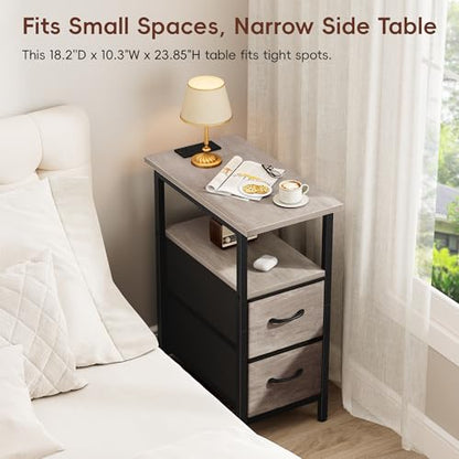 Set of 2 Nightstand with Charging Station and LED Lights, Narrow Side Table, LED Night Stand with 2 Fabric Drawers, Bedside Table Small End Table, Tall Nightstand for Bedroom, Rustic Grey - color: Greige, size: 2, style: With LEDs