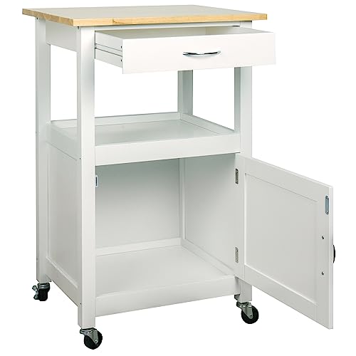 Kitchen Island Cart on Wheels, White Base | Drawer, Storage Cabinet, Shelf, Natural Solid Hardwood Top - color: White