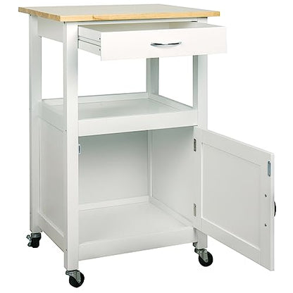 Kitchen Island Cart on Wheels, White Base | Drawer, Storage Cabinet, Shelf, Natural Solid Hardwood Top - color: White