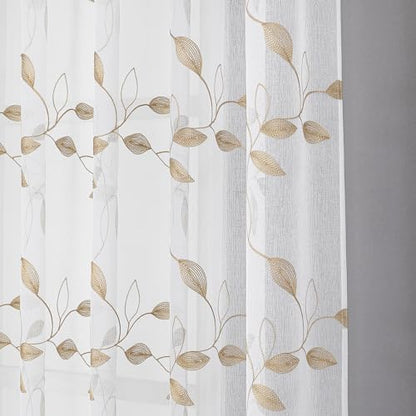 Tollpiz Taupe Leaf Sheer Tier Curtain Kitchen 30 x 36 Inches | Leaves Embroidered Curtains Rod Pocket Voile Bathroom Window Treatment for Cafe, Set of 2 Panels - color: Taupe, size: 30"W x 36"L (Pack of 2)